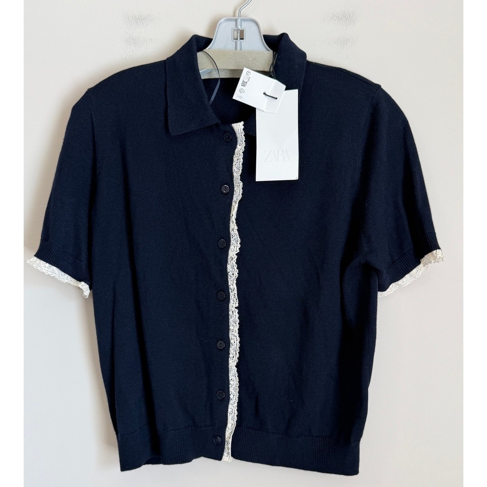 Zara Knit Button Down Sweater Womens Medium Navy Lace Trim Short Sleeve Polo